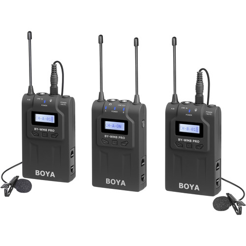 BOYA BY-WM8 Pro-K2 UHF Dual-Channel Wireless Lavalier Microphone System with two transmitters and a receiver, ideal for professional interviews, vlogging, and filmmaking.