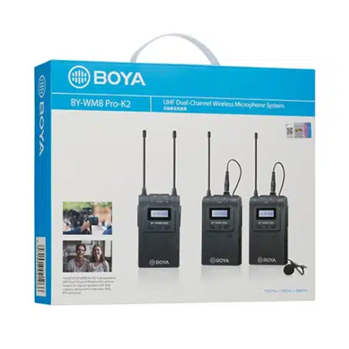 BOYA BY-WM8 Pro-K2 UHF Dual-Channel Wireless Lavalier Microphone System with two transmitters and a receiver, ideal for professional interviews, vlogging, and filmmaking.