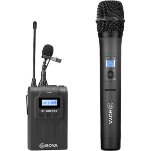 BOYA BY-WM8 PRO-K3 Wireless Lavalier Microphone System with Camera Mount and Handheld Mic for DSLR, Camcorders, and Smartphones." "Professional-grade BOYA BY-WM8 PRO-K3 wireless microphone system with transmitter, receiver, and camera shoe mount for crisp audio recording." "BOYA BY-WM8 PRO-K3 dual-channel wireless mic system with handheld microphone and lapel mic compatibility for filmmakers and content creators.