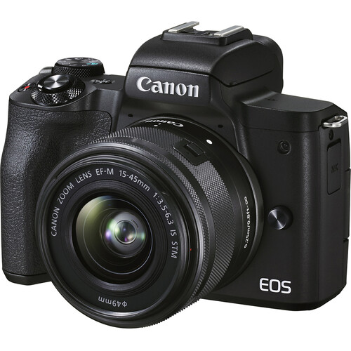 "A black Canon EOS M50 Mark II mirrorless camera with a compact design, featuring a 15-45mm lens attached. The camera has a flip-out vari-angle touchscreen LCD, a built-in electronic viewfinder, and a textured grip for comfortable handling. Perfect for photography and vlogging."