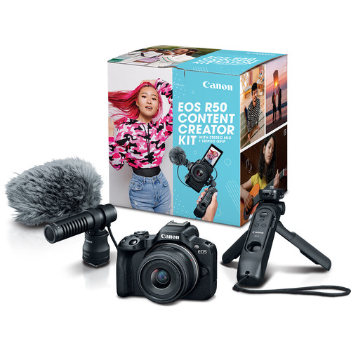 Canon EOS R50 Content Creator Kit featuring a compact mirrorless camera, versatile 18-45mm lens, and accessories like a tripod grip, perfect for vlogging and photography.