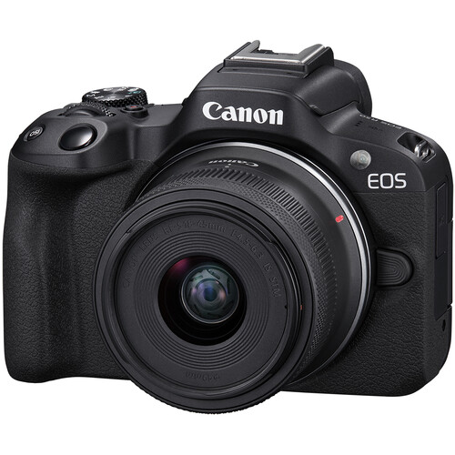 Canon EOS R50 Content Creator Kit featuring a compact mirrorless camera, versatile 18-45mm lens, and accessories like a tripod grip, perfect for vlogging and photography.