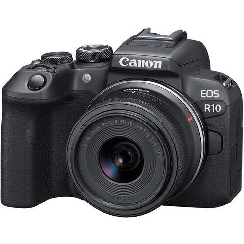 Canon EOS R10 mirrorless camera with RF-S 18-45mm f/4.5-6.3 lens, featuring a 24.2MP APS-C sensor, 4K video, and fast Dual Pixel AF. Perfect for photography and vlogging.