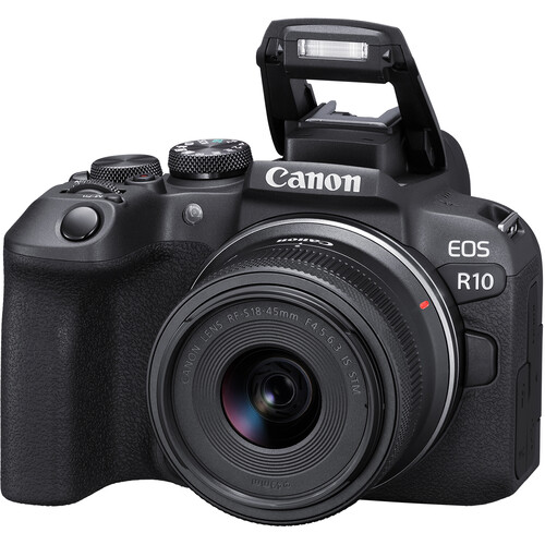 Canon EOS R10 mirrorless camera with RF-S 18-45mm f/4.5-6.3 lens, featuring a 24.2MP APS-C sensor, 4K video, and fast Dual Pixel AF. Perfect for photography and vlogging.