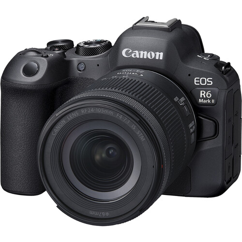 Canon EOS R6 Mark II mirrorless camera with RF 24-105mm f/4-7.1 IS STM lens, displayed on a black background, perfect for photography enthusiasts in Kenya.