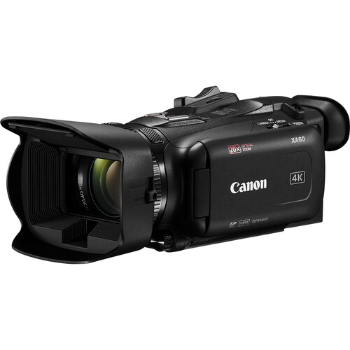 Canon XA60 Professional UHD 4K Camcorder with 20x optical zoom, dual-pixel autofocus, and 5-axis stabilization, displayed on a stand for professional videography.