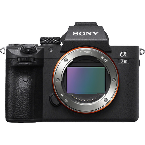 Sony a7 III full-frame mirrorless camera with 24.2MP sensor, 4K video, and 5-axis stabilization, shown with a 28-70mm lens.