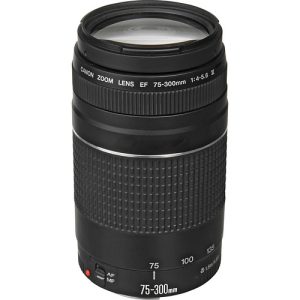 A black Canon EF 75-300mm f/4-5.6 III telephoto zoom lens with a silver ring and focus scale, mounted on a camera or displayed on a flat surface.