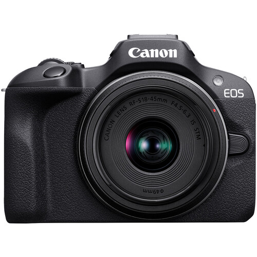 Canon EOS R100 mirrorless camera with RF-S 18-45mm f/4.5-6.3 IS STM lens, perfect for vlogging, travel, and photography. Available at Camera Stuff Kenya.