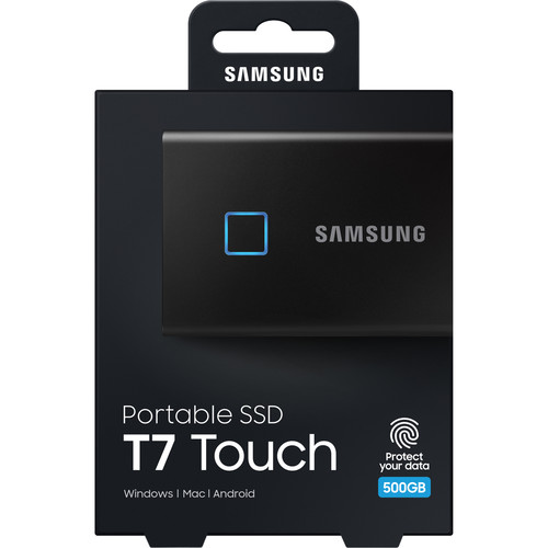 Samsung 500GB T7Portable SSD resting on a flat surface. The compact, rectangular device features a smooth, matte finish with a small fingerprint sensor on the front for secure access. Its lightweight and durable design makes it ideal for on-the-go storage, offering high-speed data transfer and reliable performance.