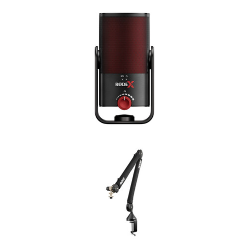 RODE X XCM-50 Compact USB-C Condenser Microphone Kit with Broadcast Arm, featuring a sleek black microphone mounted on a Rode PSA1+ boom arm, ideal for streaming, podcasting, and gaming.
