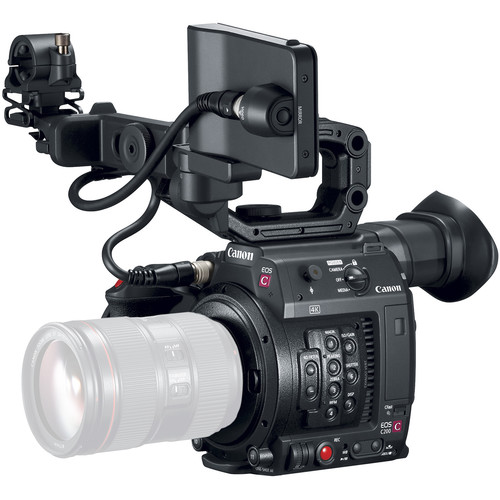 Canon EOS C200 Cinema Camera with a compact design, featuring a large LCD screen, built-in handle, and Canon EF lens mount, ideal for professional filmmaking.