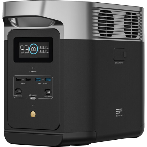 EcoFlow Delta 2 Portable Power Station with 1024Wh capacity, solar charging, and multiple outlets for home backup or outdoor use."