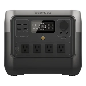 EcoFlow RIVER 2 Pro Portable Power Station with 800W output, displaying LCD screen, multiple ports, and compact design for outdoor or emergency power.
