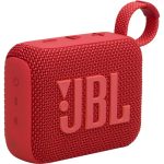 A compact red JBL Go 4 portable Bluetooth speaker with a fabric-covered design, rubberized edges, and a built-in carrying loop, resting on a flat surface.