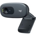 A black Logitech C270 HD webcam mounted on a laptop, featuring a compact design with a built-in microphone and 720p HD video quality.