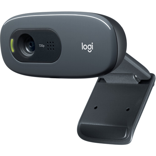 A black Logitech C270 HD webcam mounted on a laptop, featuring a compact design with a built-in microphone and 720p HD video quality.
