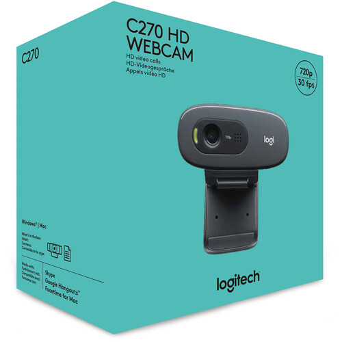 A black Logitech C270 HD webcam mounted on a laptop, featuring a compact design with a built-in microphone and 720p HD video quality.