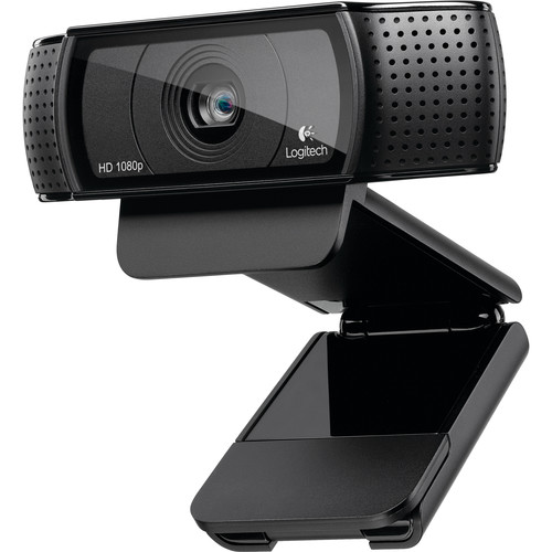Logitech C920 Pro HD Webcam, featuring a full HD glass lens, dual microphones, and a universal mounting clip for easy setup on monitors or tripods