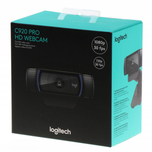 Logitech C920 Pro HD Webcam, featuring a full HD glass lens, dual microphones, and a universal mounting clip for easy setup on monitors or tripods