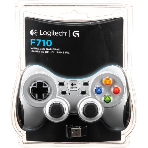 Logitech Wireless Gamepad F710, a black and gray game controller with dual analog sticks, directional pad, and action buttons, designed for PC gaming.