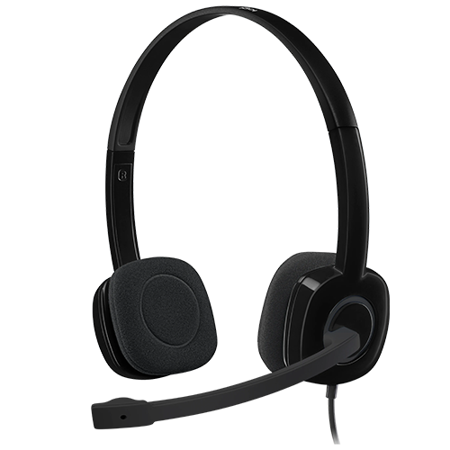 Logitech Stereo Headset H151 with adjustable headband, cushioned ear pads, and noise-canceling microphone.