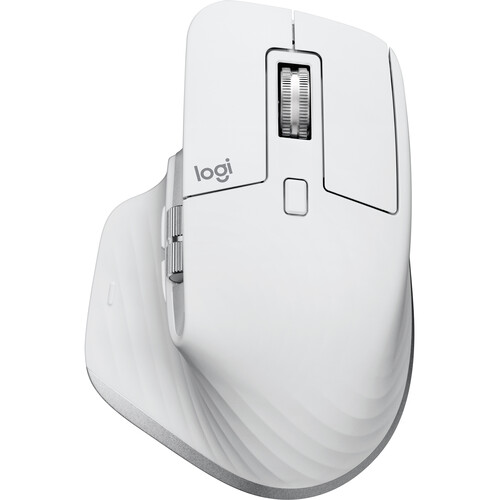 Logitech MX Master 3S for Mac Wireless Mouse in Pale Gray, showcasing its sleek design and ergonomic shape on a desk.