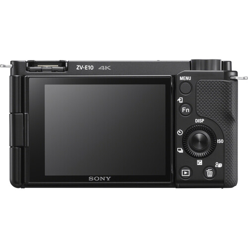 Black Sony ZV-E10 mirrorless vlogging camera with retractable 16-50mm lens, tilted screen, and built-in microphone.
