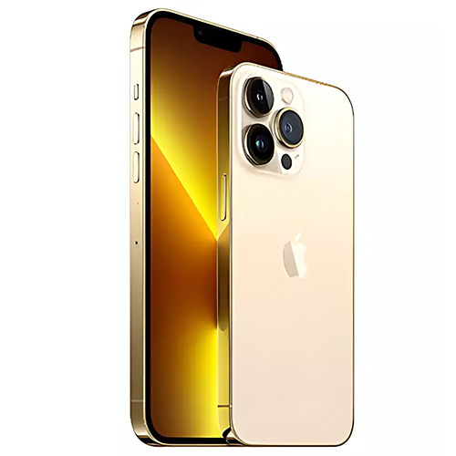 "Gold iPhone 13 Pro Max with 6.7-inch Super Retina XDR display, triple 12MP rear cameras, and 256GB storage, showcased on a clean background."
