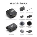 DJI Mic Mini wireless lavalier microphone system for cameras and smartphones, includes 2 compact mics with charging case for portable recording.