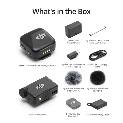 DJI Mic Mini wireless lavalier microphone system for cameras and smartphones, includes 2 compact mics with charging case for portable recording.