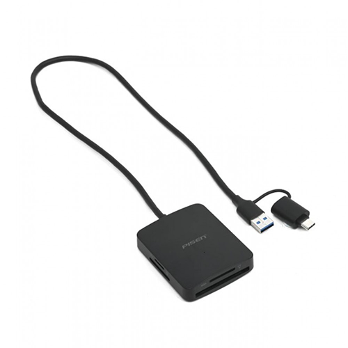 PISEN USB 3.0 4-in-1 Memory Card Reader supporting SD, MicroSD/TF, CF, and MS cards with USB-A and Type-C connectivity.