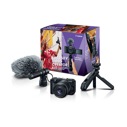 Canon EOS R50 V Mirrorless Camera with Video Creator Kit bundle showing camera body, grip, and microphone