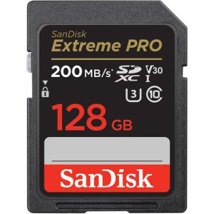 SanDisk 128GB Extreme PRO UHS-I SDXC memory card — front label view