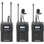 BOYA BY-WM8 Pro-K2 UHF Dual-Channel Wireless Lavalier Microphone System with two transmitters and a receiver, ideal for professional interviews, vlogging, and filmmaking.