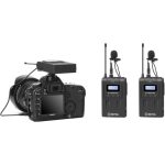 BOYA BY-WM8 Pro-K2 UHF Dual-Channel Wireless Lavalier Microphone System with two transmitters and a receiver, ideal for professional interviews, vlogging, and filmmaking.