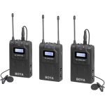 BOYA BY-WM8 Pro-K2 UHF Dual-Channel Wireless Lavalier Microphone System with two transmitters and a receiver, ideal for professional interviews, vlogging, and filmmaking.
