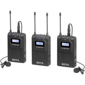 BOYA BY-WM8 Pro-K2 UHF Dual-Channel Wireless Lavalier Microphone System with two transmitters and a receiver, ideal for professional interviews, vlogging, and filmmaking.