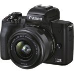 "A black Canon EOS M50 Mark II mirrorless camera with a compact design, featuring a 15-45mm lens attached. The camera has a flip-out vari-angle touchscreen LCD, a built-in electronic viewfinder, and a textured grip for comfortable handling. Perfect for photography and vlogging."