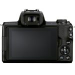 "A black Canon EOS M50 Mark II mirrorless camera with a compact design, featuring a 15-45mm lens attached. The camera has a flip-out vari-angle touchscreen LCD, a built-in electronic viewfinder, and a textured grip for comfortable handling. Perfect for photography and vlogging."
