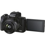 "A black Canon EOS M50 Mark II mirrorless camera with a compact design, featuring a 15-45mm lens attached. The camera has a flip-out vari-angle touchscreen LCD, a built-in electronic viewfinder, and a textured grip for comfortable handling. Perfect for photography and vlogging."