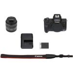 "A black Canon EOS M50 Mark II mirrorless camera with a compact design, featuring a 15-45mm lens attached. The camera has a flip-out vari-angle touchscreen LCD, a built-in electronic viewfinder, and a textured grip for comfortable handling. Perfect for photography and vlogging."