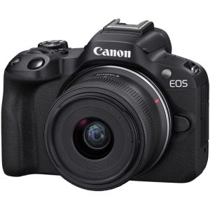 Canon EOS R50 Content Creator Kit featuring a compact mirrorless camera, versatile 18-45mm lens, and accessories like a tripod grip, perfect for vlogging and photography.