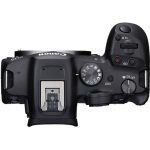 A Canon EOS R7 mirrorless camera with a black body and a mounted lens, placed on a flat surface, showcasing its sleek design and professional features.