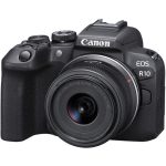 Canon EOS R10 mirrorless camera with RF-S 18-45mm f/4.5-6.3 lens, featuring a 24.2MP APS-C sensor, 4K video, and fast Dual Pixel AF. Perfect for photography and vlogging.