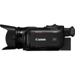 Canon XA60 Professional UHD 4K Camcorder with 20x optical zoom, dual-pixel autofocus, and 5-axis stabilization, displayed on a stand for professional videography.