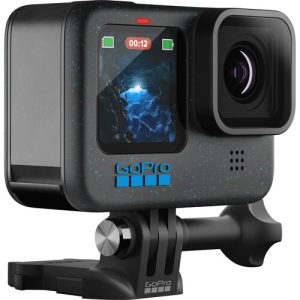 GoPro HERO12 Black action camera with waterproof design, mounted on a handle, ready for adventure.