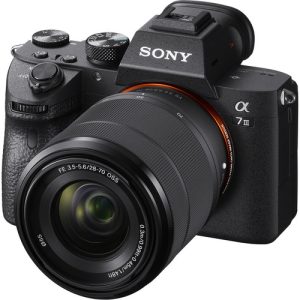 Sony a7 III full-frame mirrorless camera with 24.2MP sensor, 4K video, and 5-axis stabilization, shown with a 28-70mm lens.