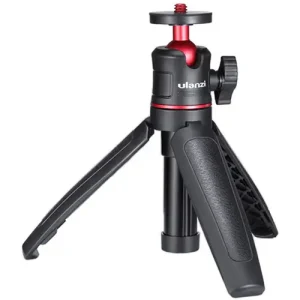 Ulanzi MT08 Mini Tripod & Handle in black, showcasing its compact design with extendable legs and a grip handle, perfect for handheld or tripod use for cameras and smartphones.