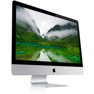 "Apple 21.5-inch iMac Late 2013 model, silver aluminum body with slim design, displaying a colorful macOS screen on its glossy Retina display."